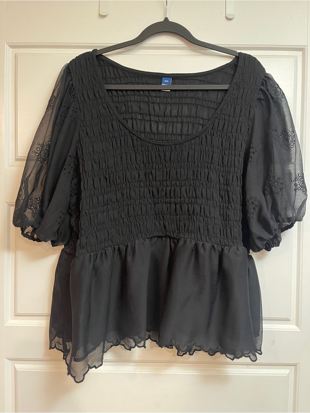 Old Navy Smocked Peplum Blouse with Sheer Puff Sleeves & Embroidery Details